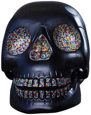 Meh Wood Skull Sculpture with Swarovski Crystal - Rainbow