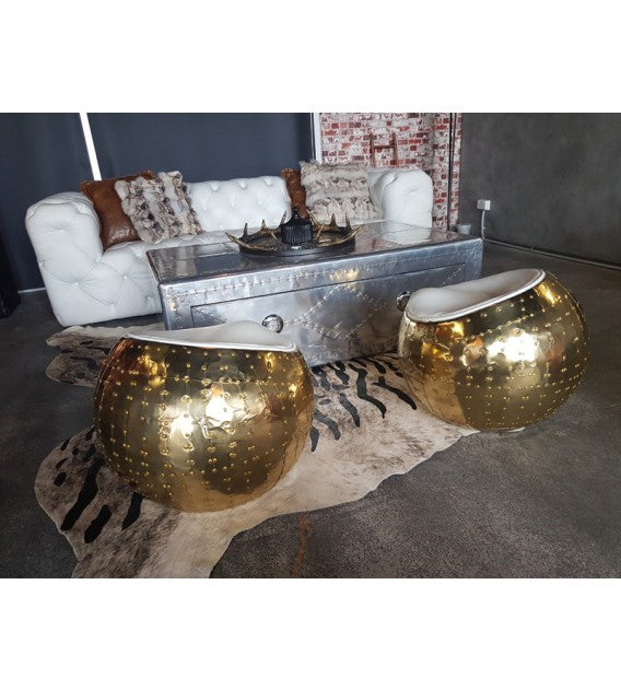 Belle X-1 Polished Brass and White Leather Aviator Cocoon Stool