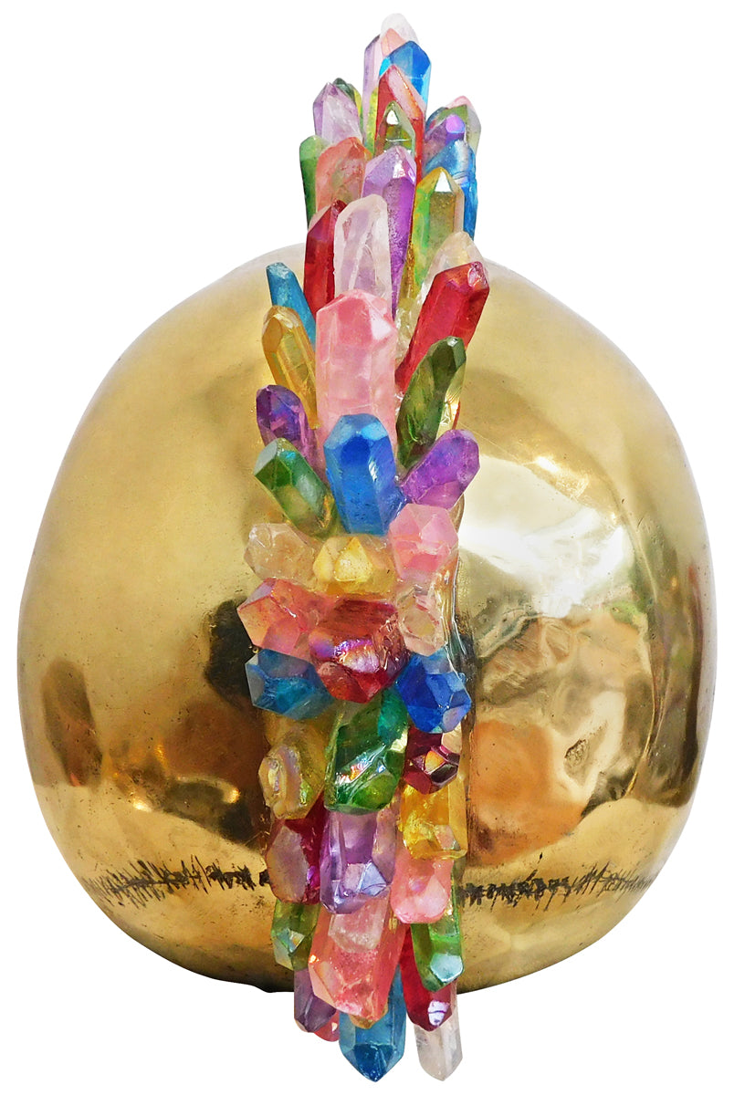 Brass Skull Art Sculpture with Crystal and Quartz Stone - Rainbow Mohawk