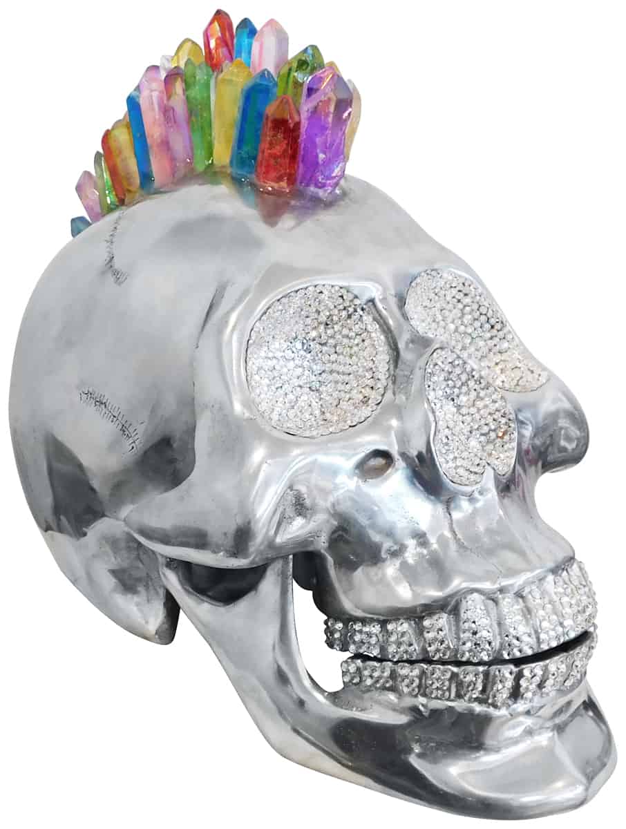 Aluminium Skull Art Sculpture with Crystal and Quartz Stone - Rainbow Mohawk