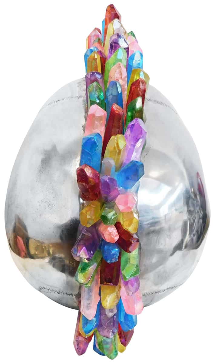 Aluminium Skull Art Sculpture with Crystal and Quartz Stone - Rainbow Mohawk