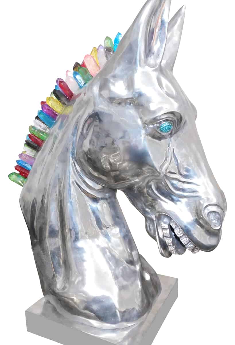 Calu Aluminium Horse Sculpture with Crystal and Quartz Stone