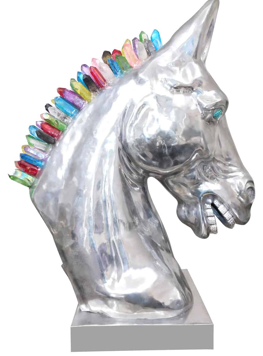 Calu Aluminium Horse Sculpture with Crystal and Quartz Stone