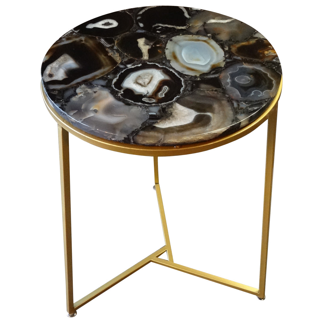 Sudoku Black Monochrome Agate Side Table with Matte Gold Frame