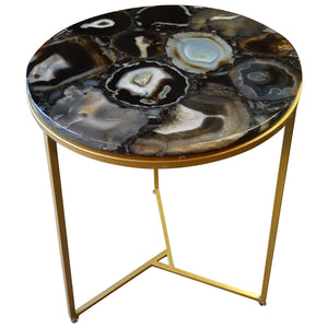 Sudoku Black Monochrome Agate Side Table with Matte Gold Frame