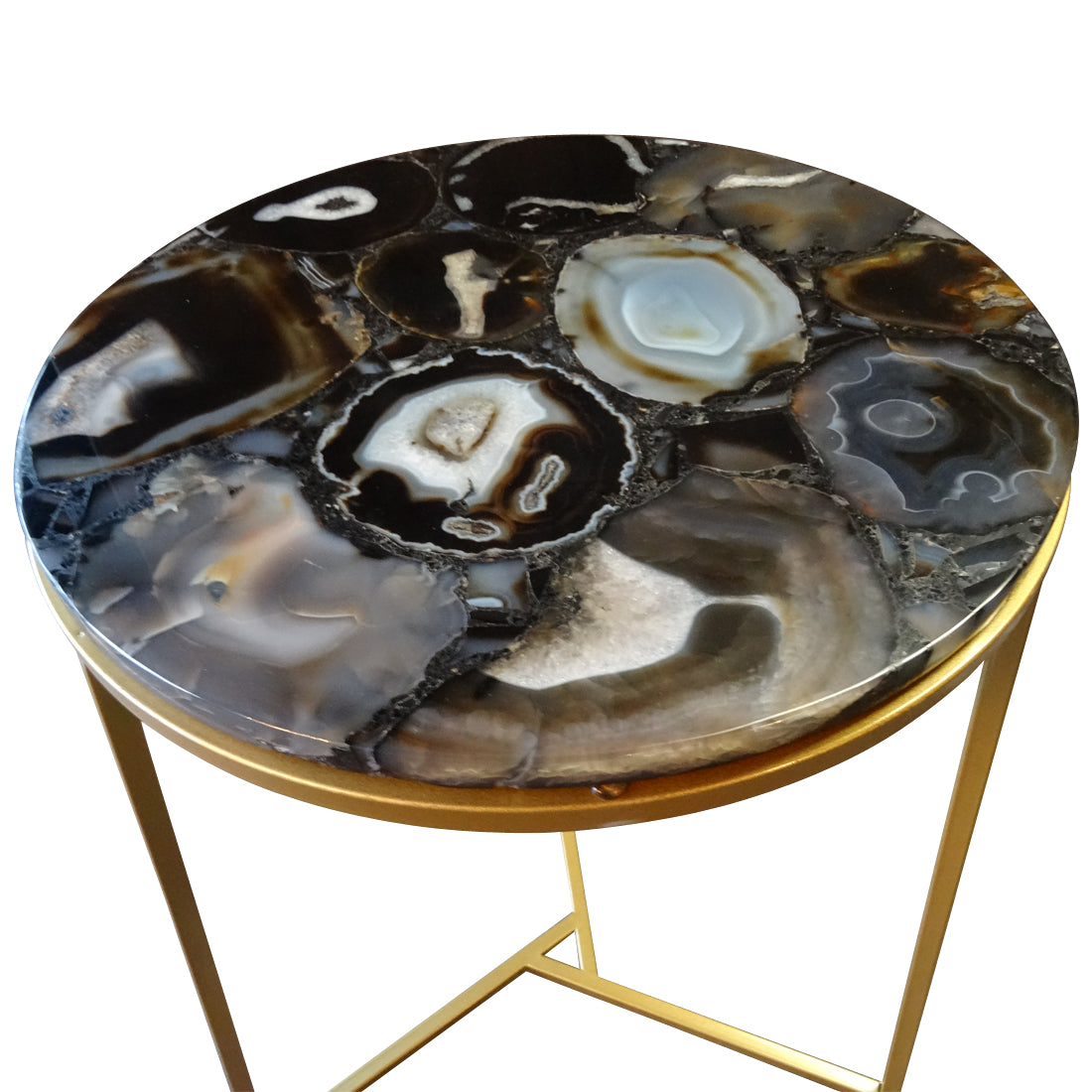 Sudoku Black Monochrome Agate Side Table with Matte Gold Frame