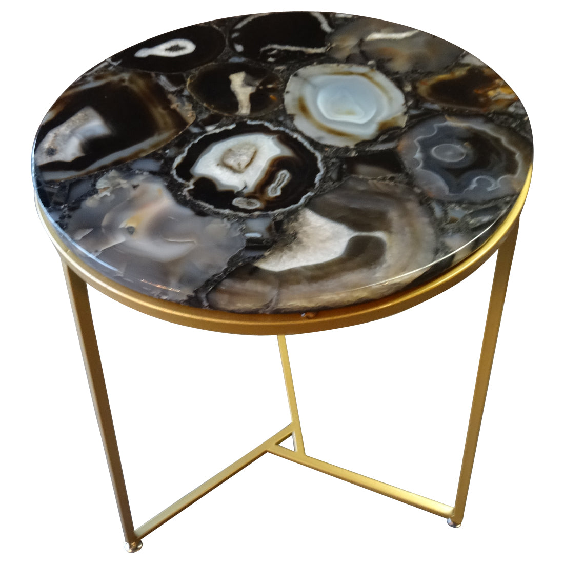 Sudoku Black Monochrome Agate Side Table with Matte Gold Frame