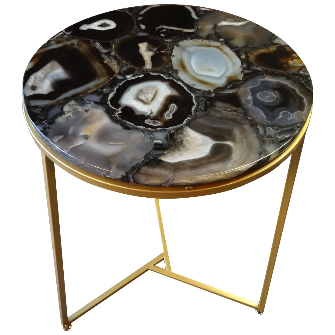 Sudoku Black Monochrome Agate Side Table with Matte Gold Frame