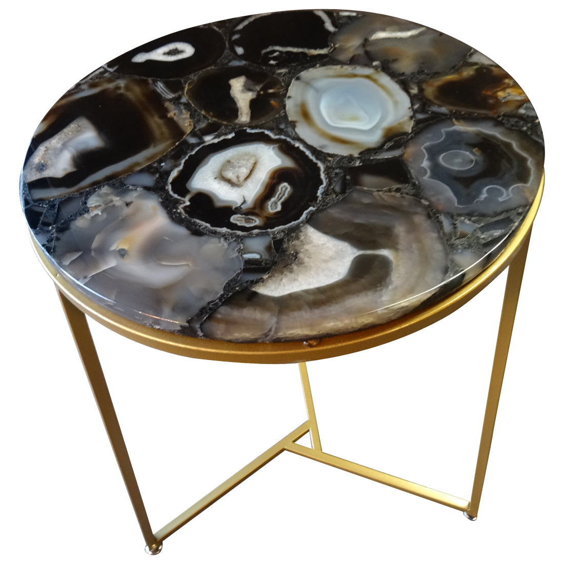 Sudoku Black Monochrome Agate Side Table with Matte Gold Frame