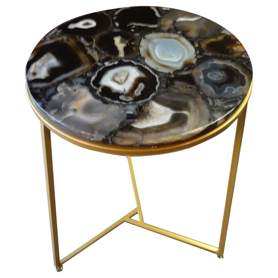 Sudoku Black Monochrome Agate Side Table with Matte Gold Frame