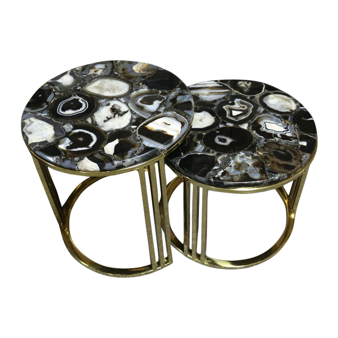 Sudoku Black Monochrome Agate Nestling Table Set with Gold Metal Frame