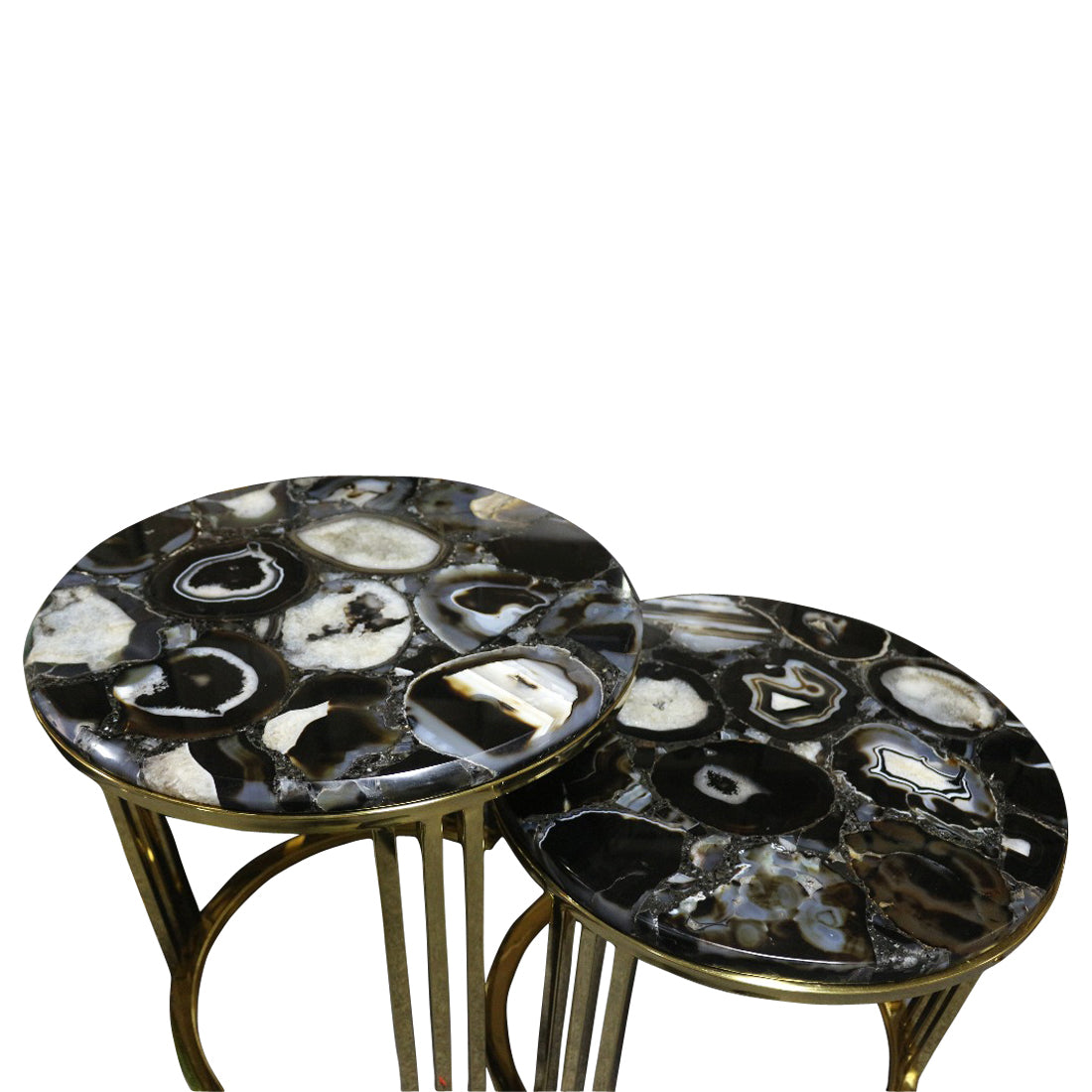 Sudoku Black Monochrome Agate Nestling Table Set with Gold Metal Frame