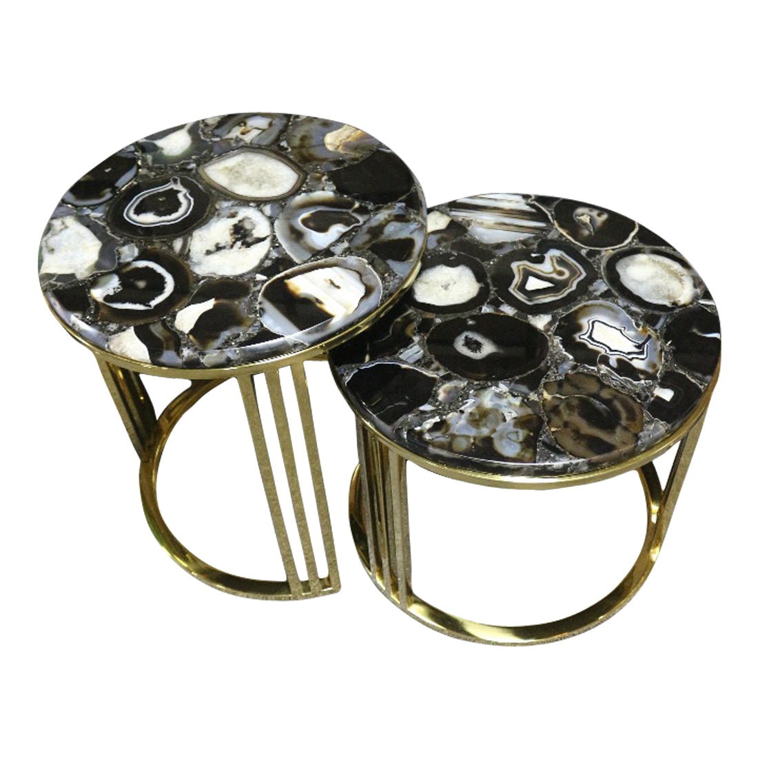 Sudoku Black Monochrome Agate Nestling Table Set with Gold Metal Frame