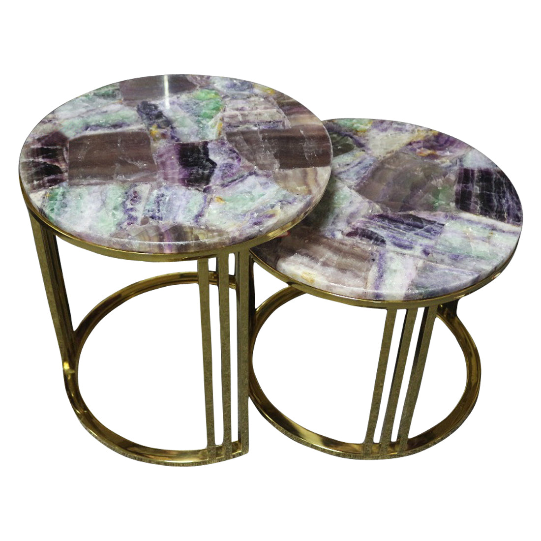 Heliotrope Purple Flourite Stone Nestling Table Set with Gold Metal Frame