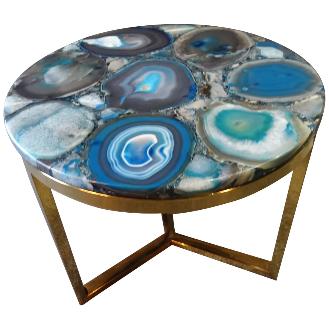 Azzure Teal Blue Agate Nestling Table with Gold Metal Frame