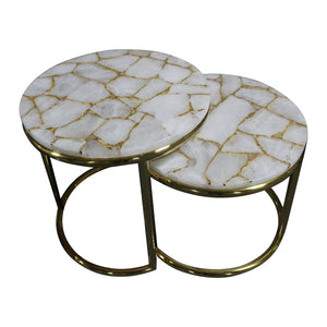 Infinity White Quartz and Gold Leaf Nestling Table Set with Gold Metal Frame