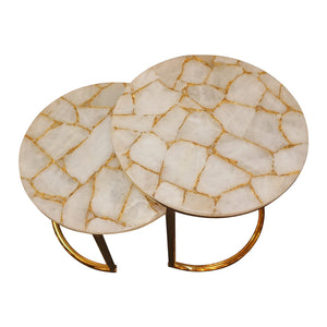 Infinity White Quartz and Gold Leaf Nestling Table Set with Gold Metal Frame