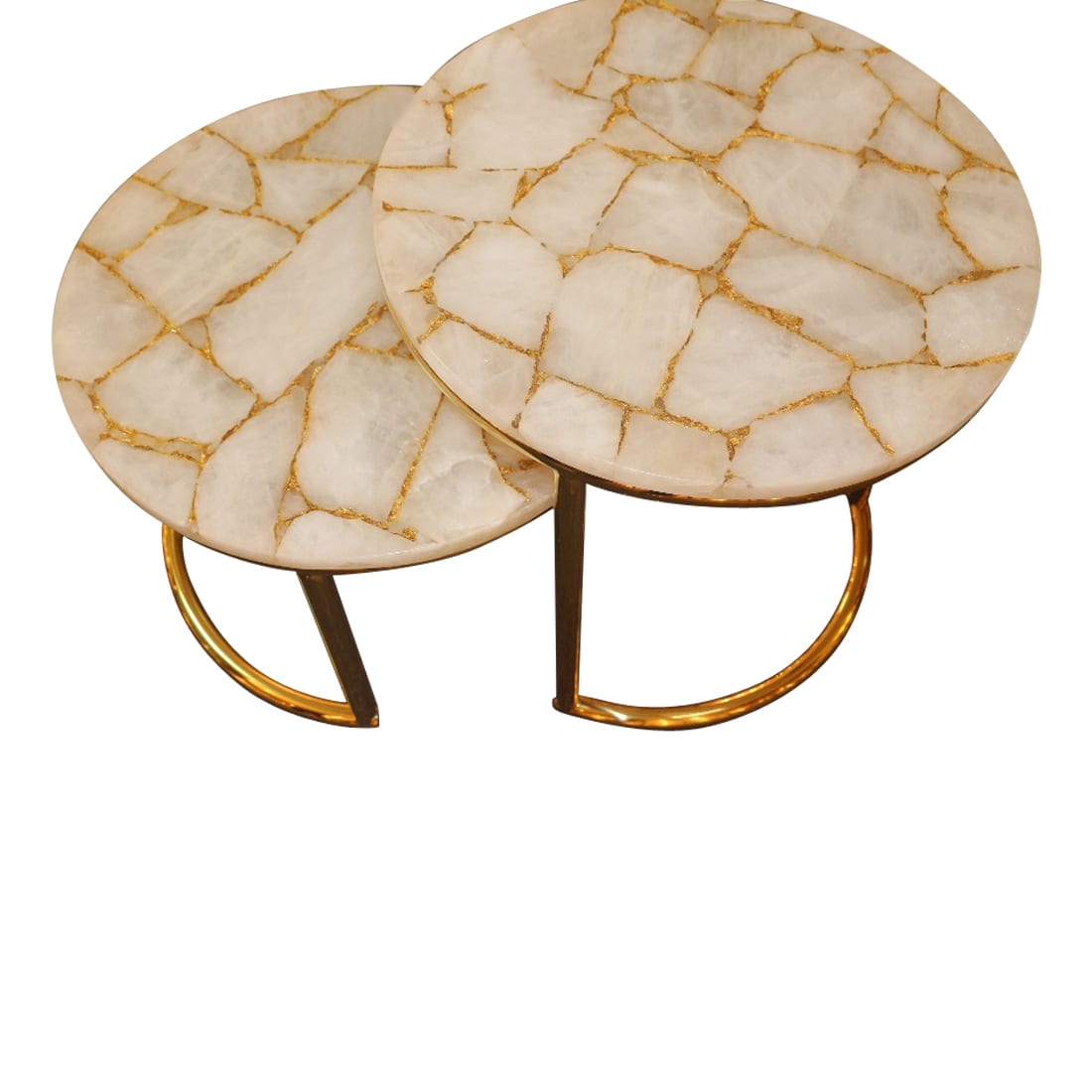 Infinity White Quartz and Gold Leaf Nestling Table Set with Gold Metal Frame