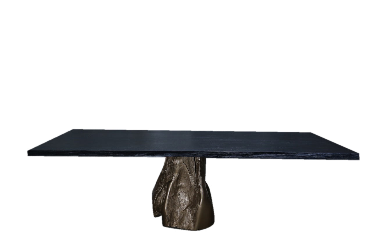 Caeli Burnt Suar Wood Dining table with Natural Edge and Gold Teak Root Base