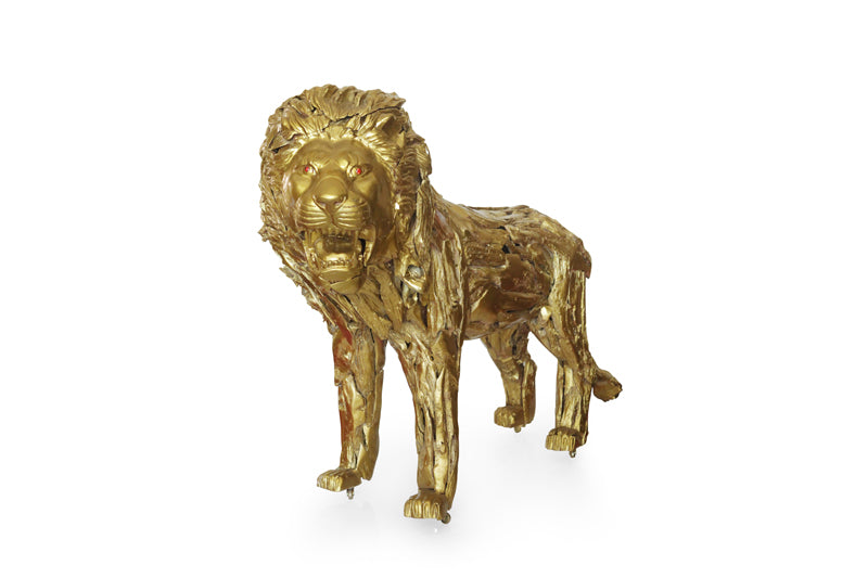 Gold Teak Root Standing Lion Sculpture