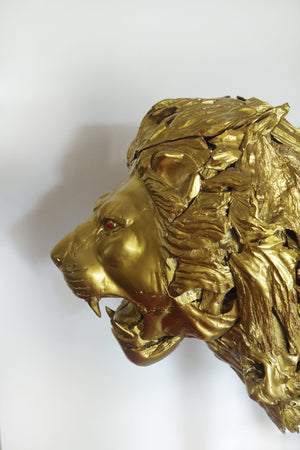 Gold Teak Root Standing Lion Sculpture