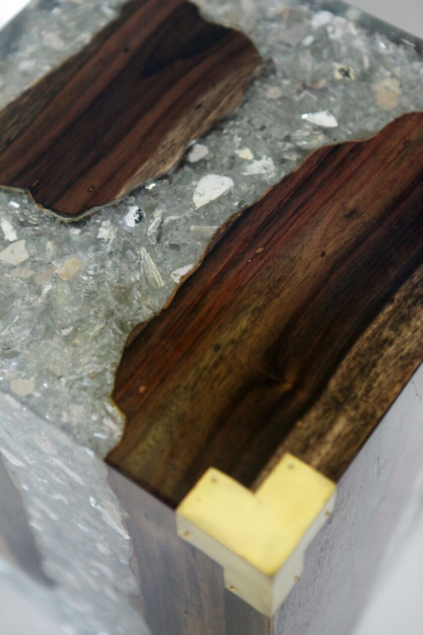 Teak and Resin Side Table with Brass Details