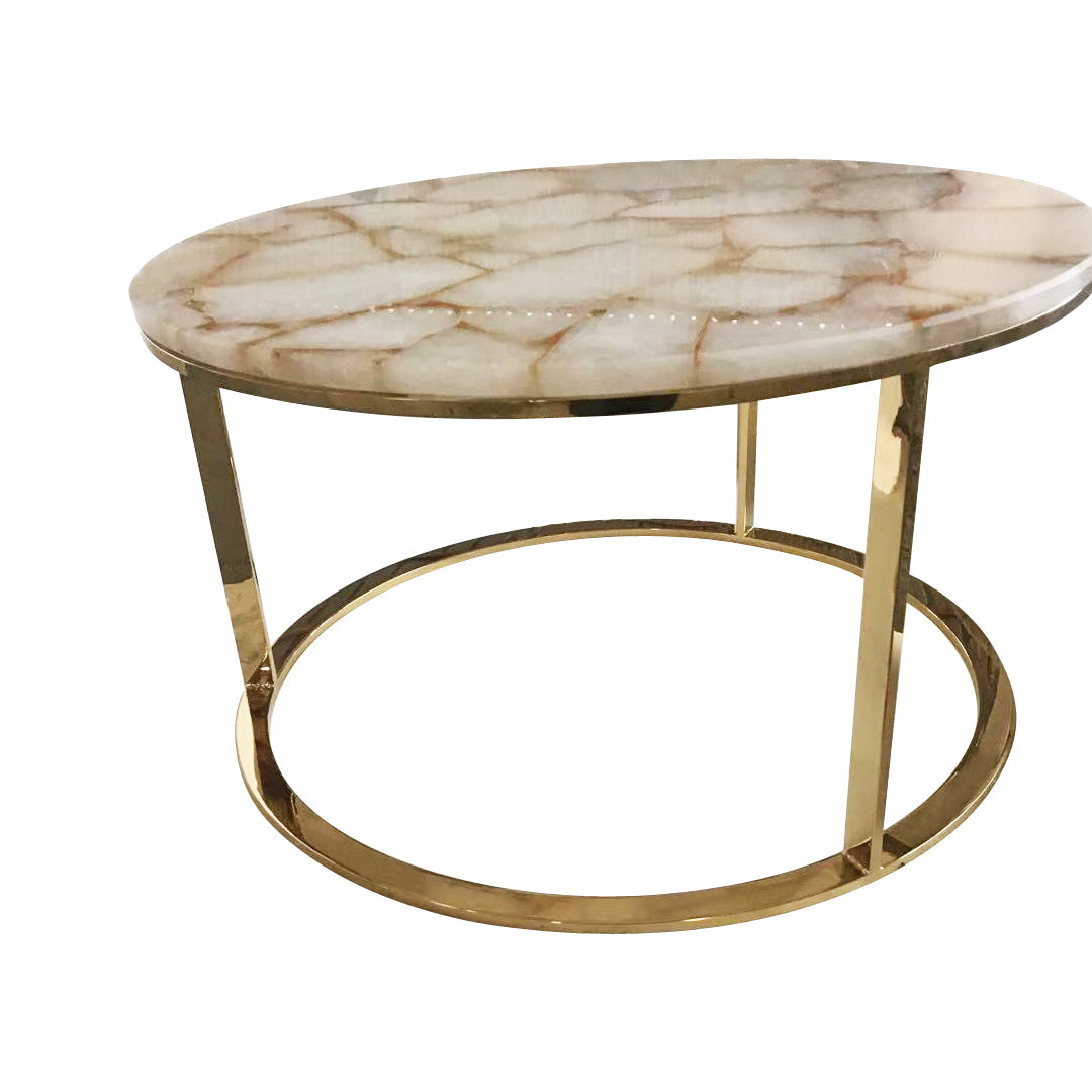 Infinity White Quartz and Gold Leaf Round Coffee Table with Gold Metal Frame