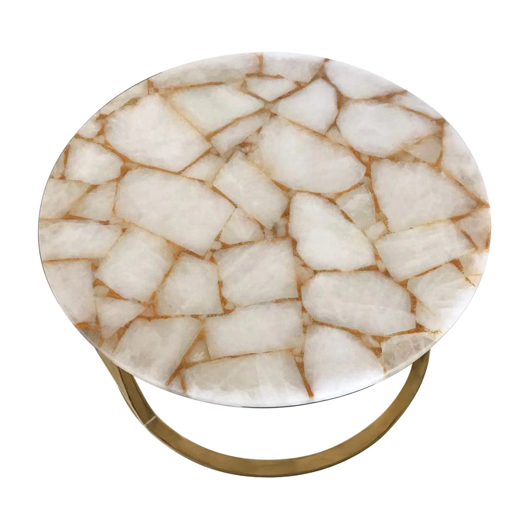 Infinity White Quartz and Gold Leaf Round Coffee Table with Gold Metal Frame