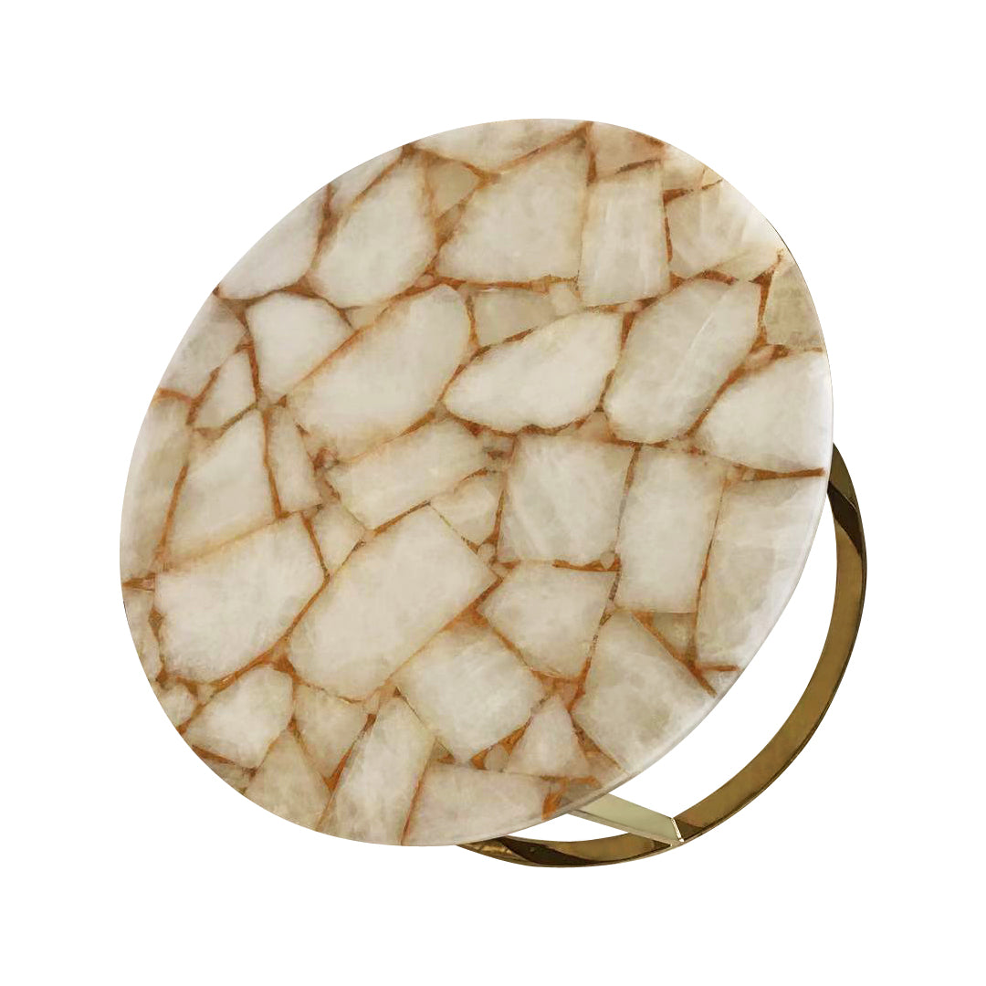 Infinity White Quartz and Gold Leaf Round Coffee Table with Gold Metal Frame