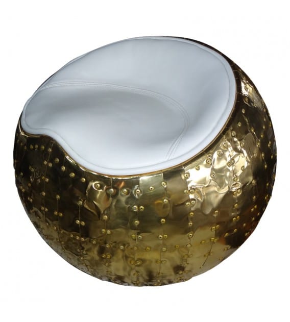 Belle X-1 Polished Brass and White Leather Aviator Cocoon Stool