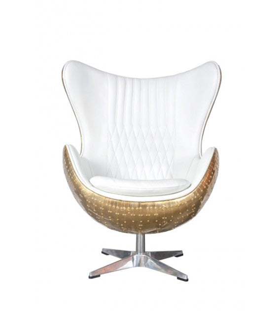 Admiral White Leather and Polished Brass Egg Chair