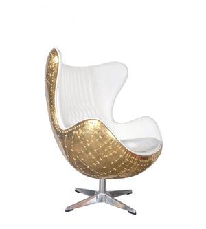 Admiral White Leather and Polished Brass Egg Chair