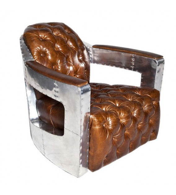 Regal Aviator Aluminium and Brown Leather Chesterfield Club Armchair