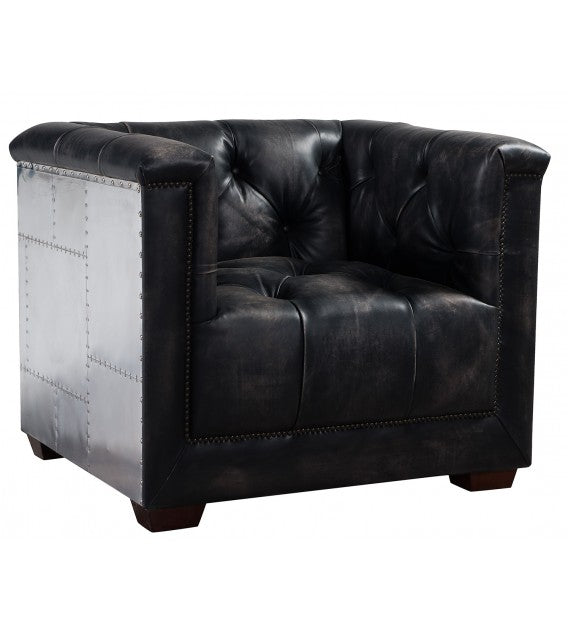 Gladiator Cube Armchair - vintage black leather chesterfield and Aluminium