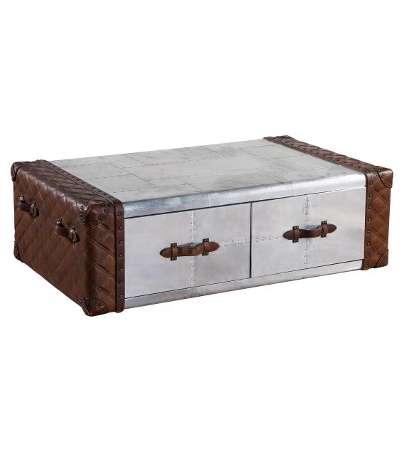 Piper Aztec Aluminium and Brown Leather Coffee Trunk Table