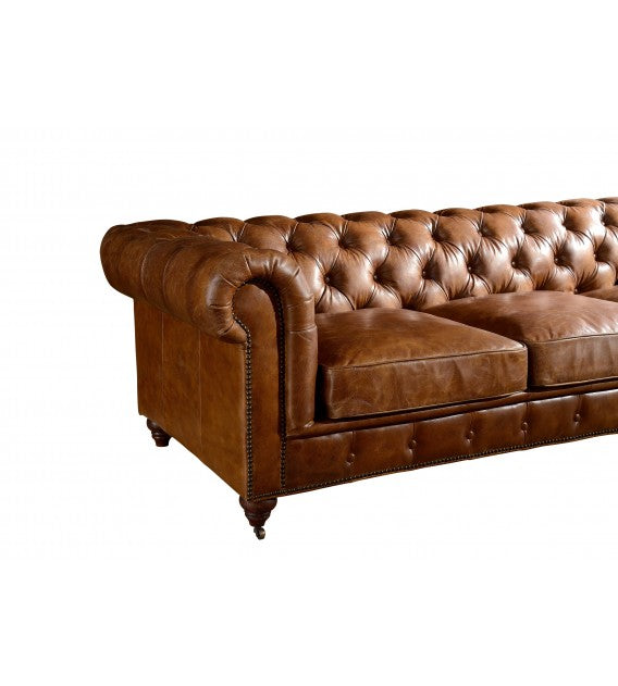 Winston Two Seat Classic Vintage Leather Chesterfield Lounge - Camel Brown