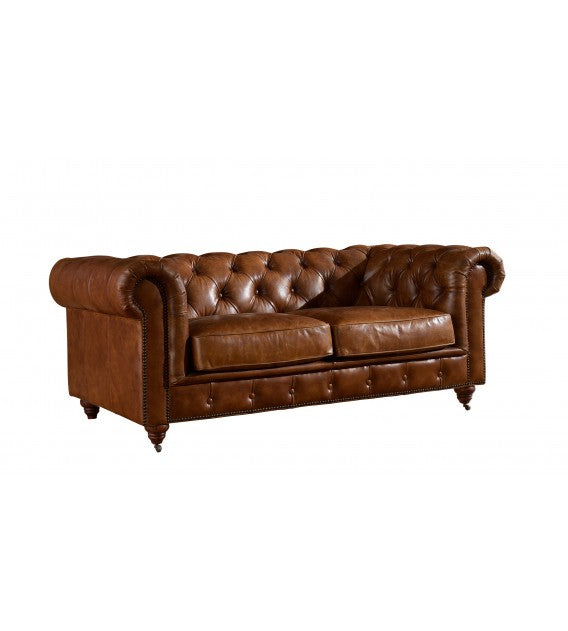 Winston Two Seat Classic Vintage Leather Chesterfield Lounge - Camel Brown